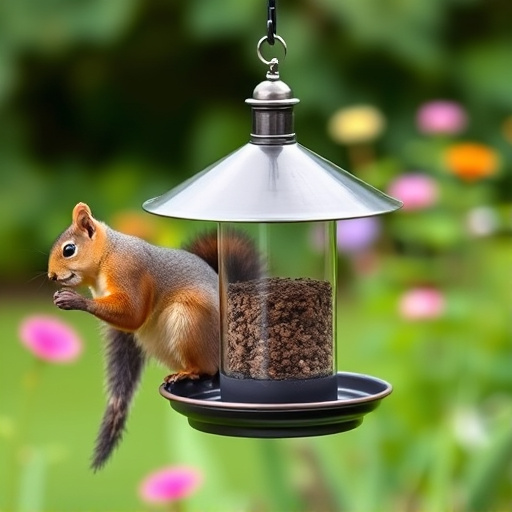 Metal squirrel-proof bird feeder in garden