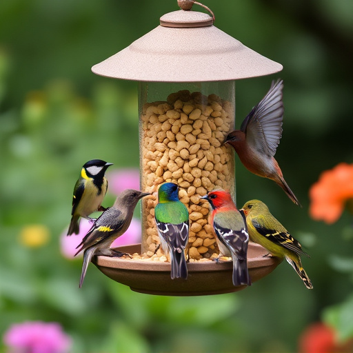 Mixed garden birds eating from peanut feeder