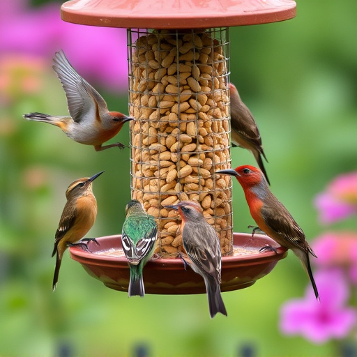 Mixed garden birds eating from peanut feeder