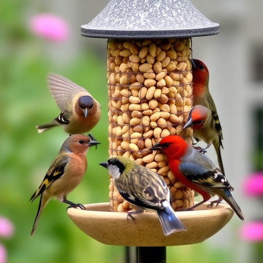 Mixed garden birds eating from peanut feeder