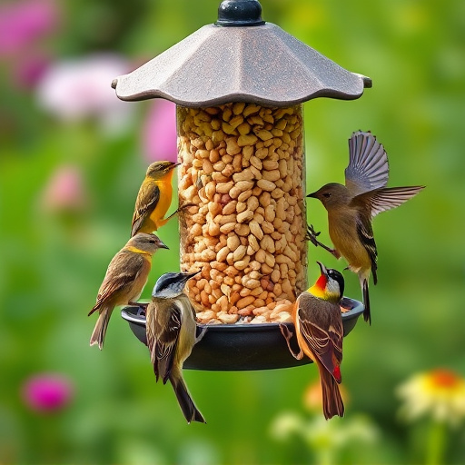 Mixed garden birds eating from peanut feeder