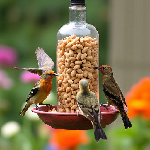Mixed garden birds eating from peanut feeder