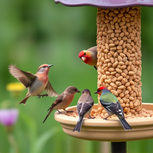 Mixed garden birds eating from peanut feeder