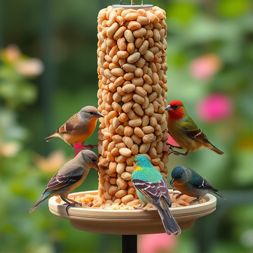 Mixed garden birds eating from peanut feeder