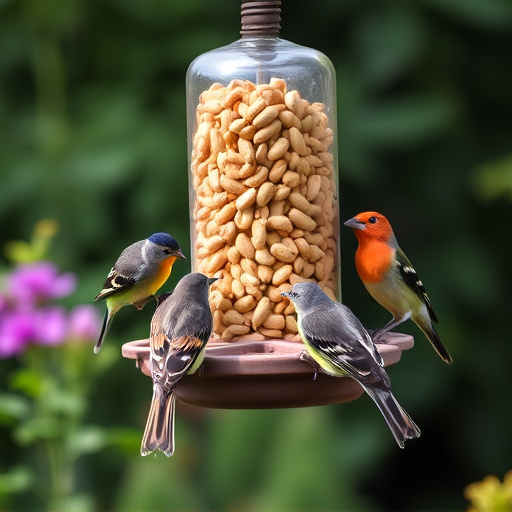Mixed garden birds eating from peanut feeder
