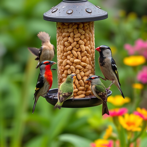 Mixed garden birds eating from peanut feeder