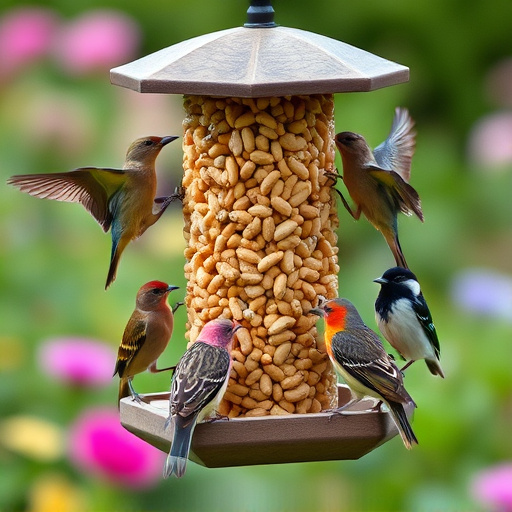 Mixed garden birds eating from peanut feeder