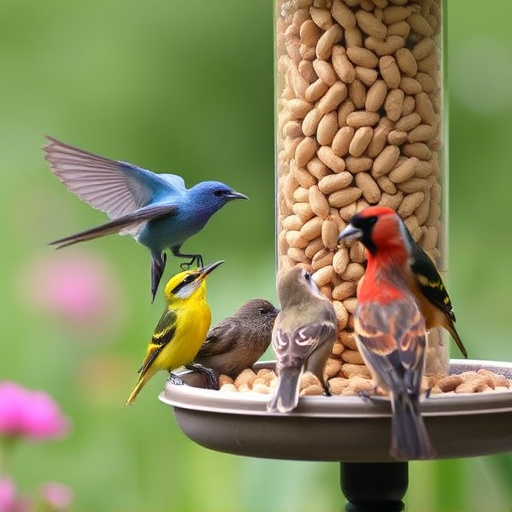 Mixed garden birds eating from peanut feeder