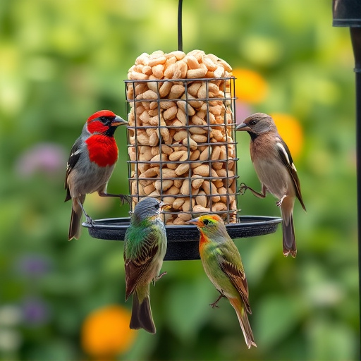 Mixed garden birds eating from peanut feeder
