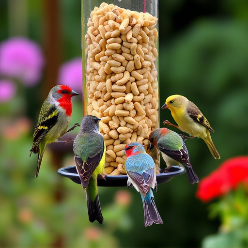 Mixed garden birds eating from peanut feeder
