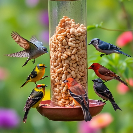 Mixed garden birds eating from peanut feeder