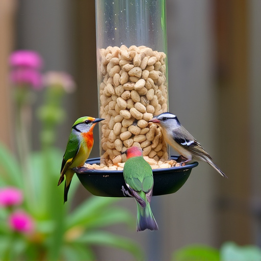 Mixed garden birds eating from peanut feeder
