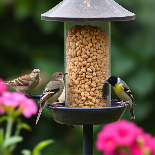 Mixed garden birds eating from peanut feeder