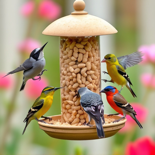 Mixed garden birds eating from peanut feeder