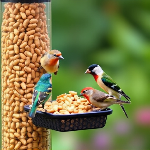 Mixed garden birds eating from peanut feeder