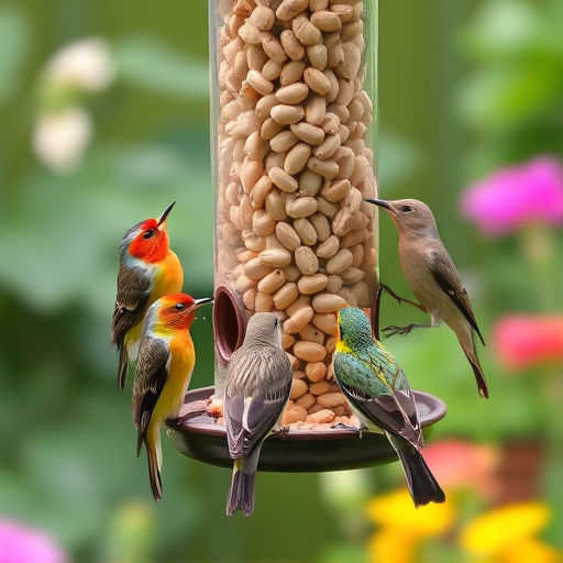 Mixed garden birds eating from peanut feeder