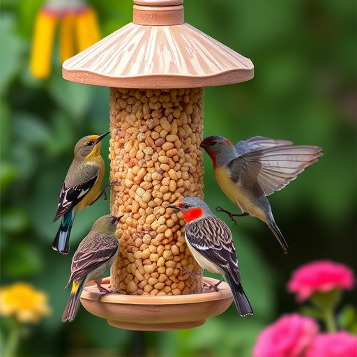 Mixed garden birds eating from peanut feeder