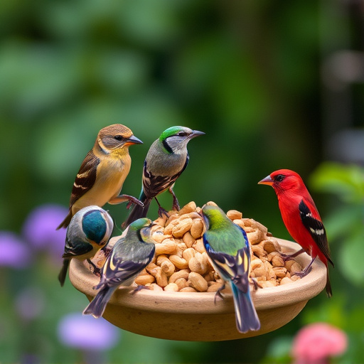 Mixed garden birds eating from peanut feeder