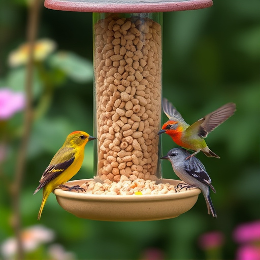 Mixed garden birds eating from peanut feeder