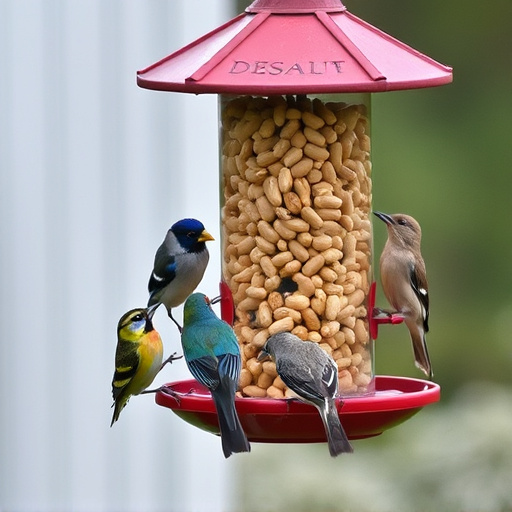 Mixed garden birds eating from peanut feeder