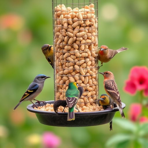 Mixed garden birds eating from peanut feeder