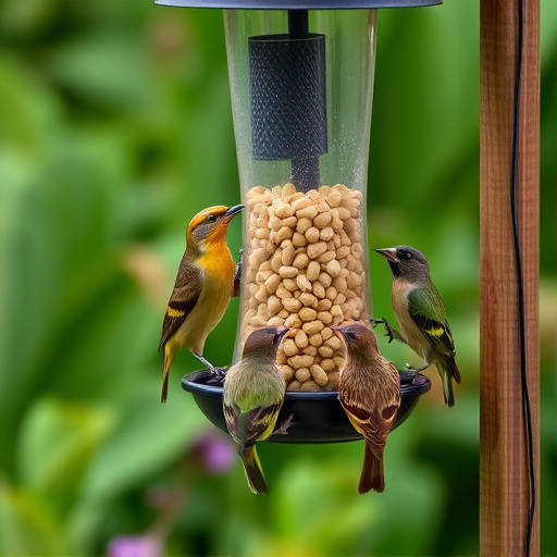 Mixed garden birds eating from peanut feeder