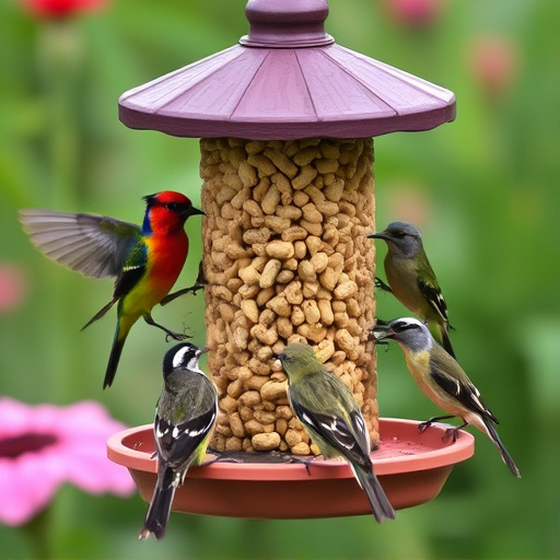 Mixed garden birds eating from peanut feeder