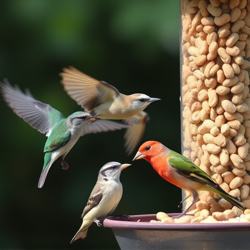 Mixed garden birds eating from peanut feeder