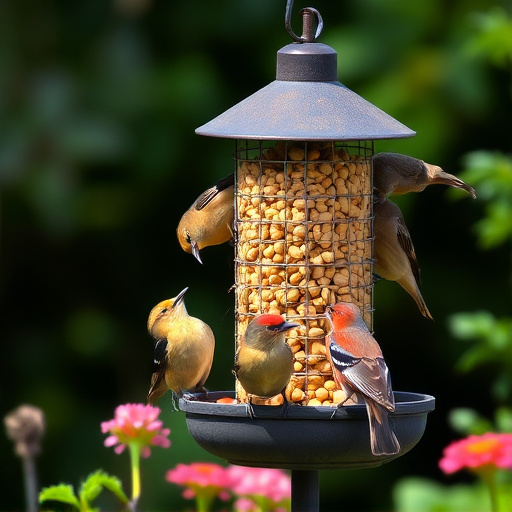 Mixed garden birds eating from peanut feeder