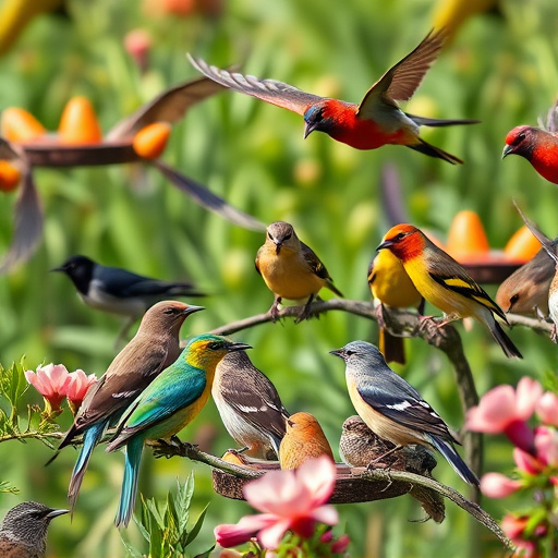 Mixed garden birds feeding together
