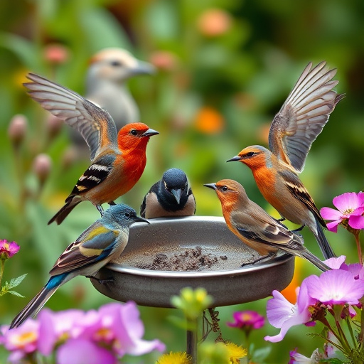 Mixed garden birds feeding together