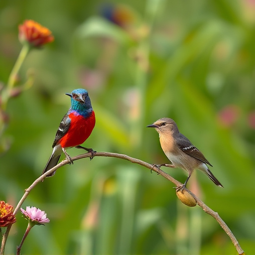Mixed garden birds feeding together