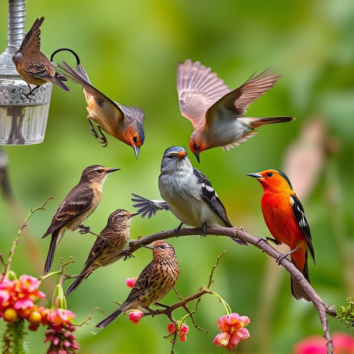 Mixed garden birds feeding together