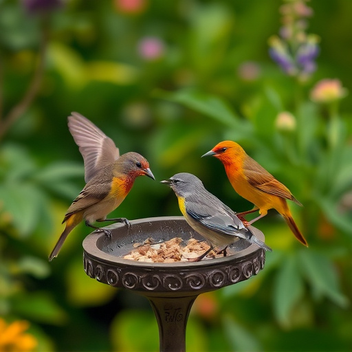 Mixed garden birds feeding together