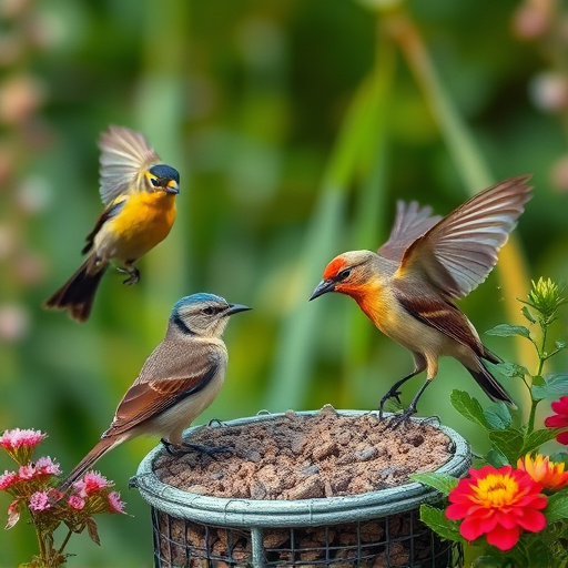 Mixed garden birds feeding together