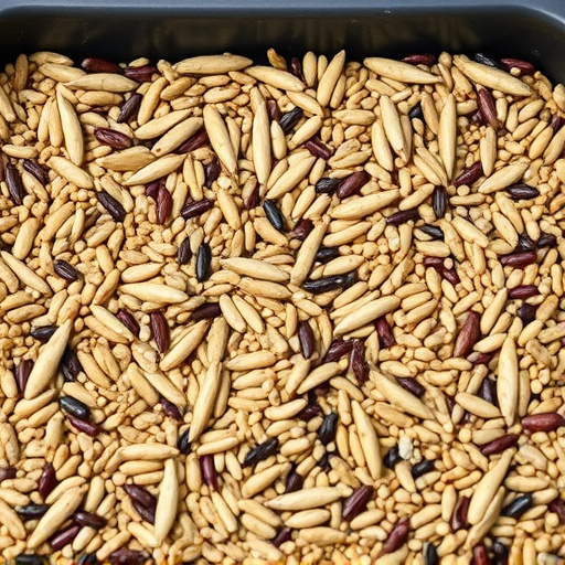 Mixed seed scattered on feeding tray