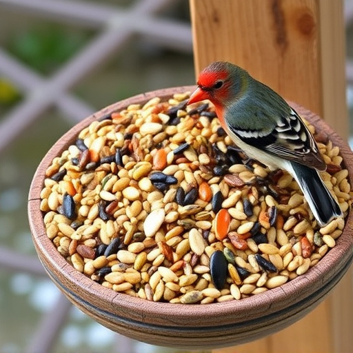 Mixed seeds on a wooden bird table