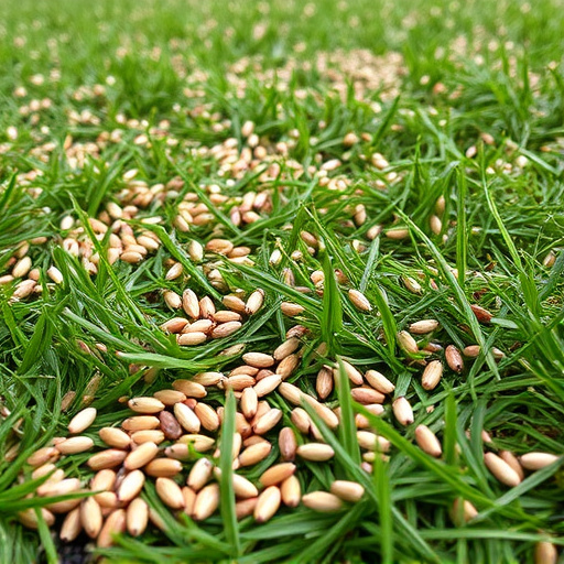 Mixed seeds scattered on garden lawn