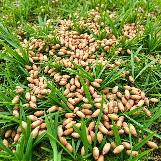Mixed seeds scattered on garden lawn