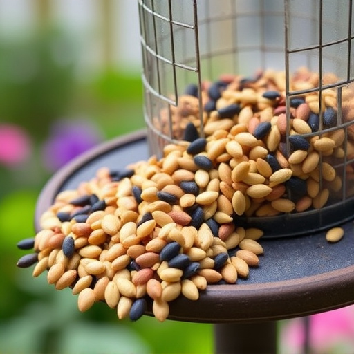 Mixed seeds spilled on garden feeder