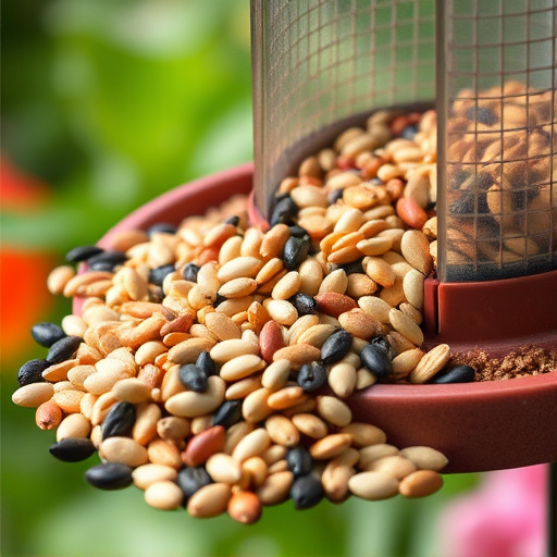 Mixed seeds spilled on garden feeder