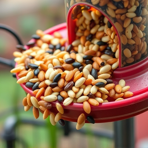 Mixed seeds spilled on garden feeder