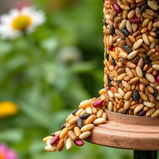 Mixed seeds spilling from garden feeder
