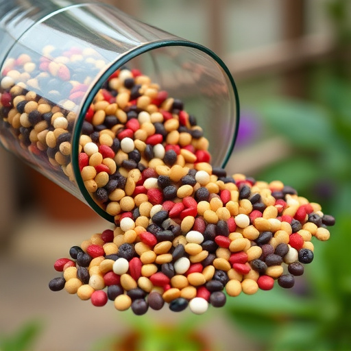 Mixed seeds spilling from garden feeder