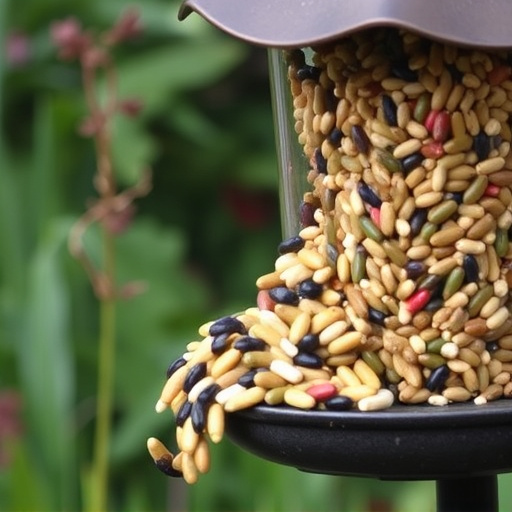 Mixed seeds spilling from garden feeder