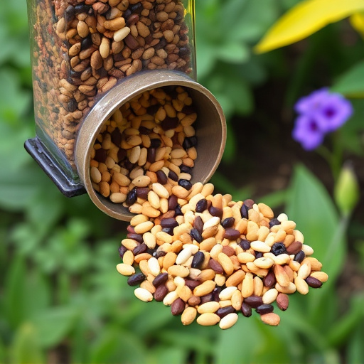 Mixed seeds spilling from garden feeder