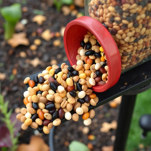 Mixed seeds spilling from garden feeder