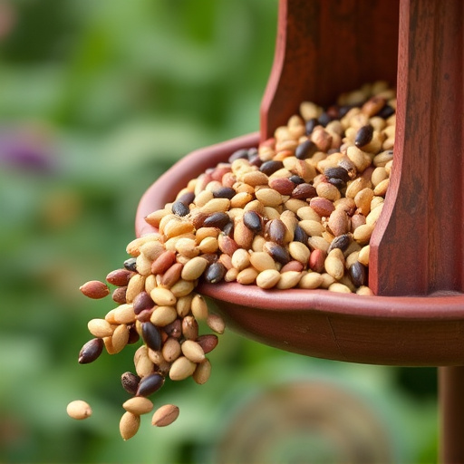 Mixed seeds spilling from garden feeder