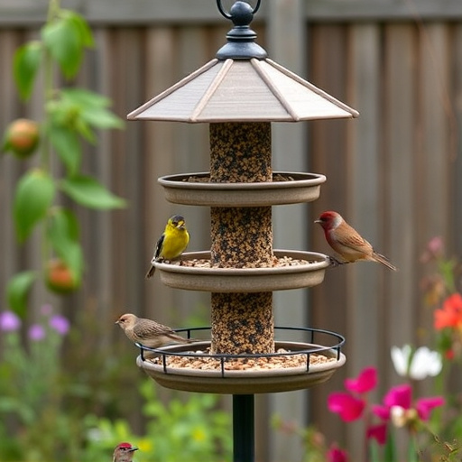 Multi-level bird feeding station in garden