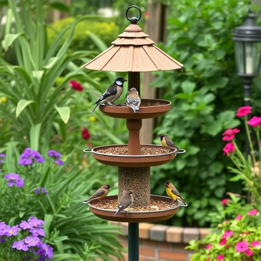 Multi-level bird feeding station in garden